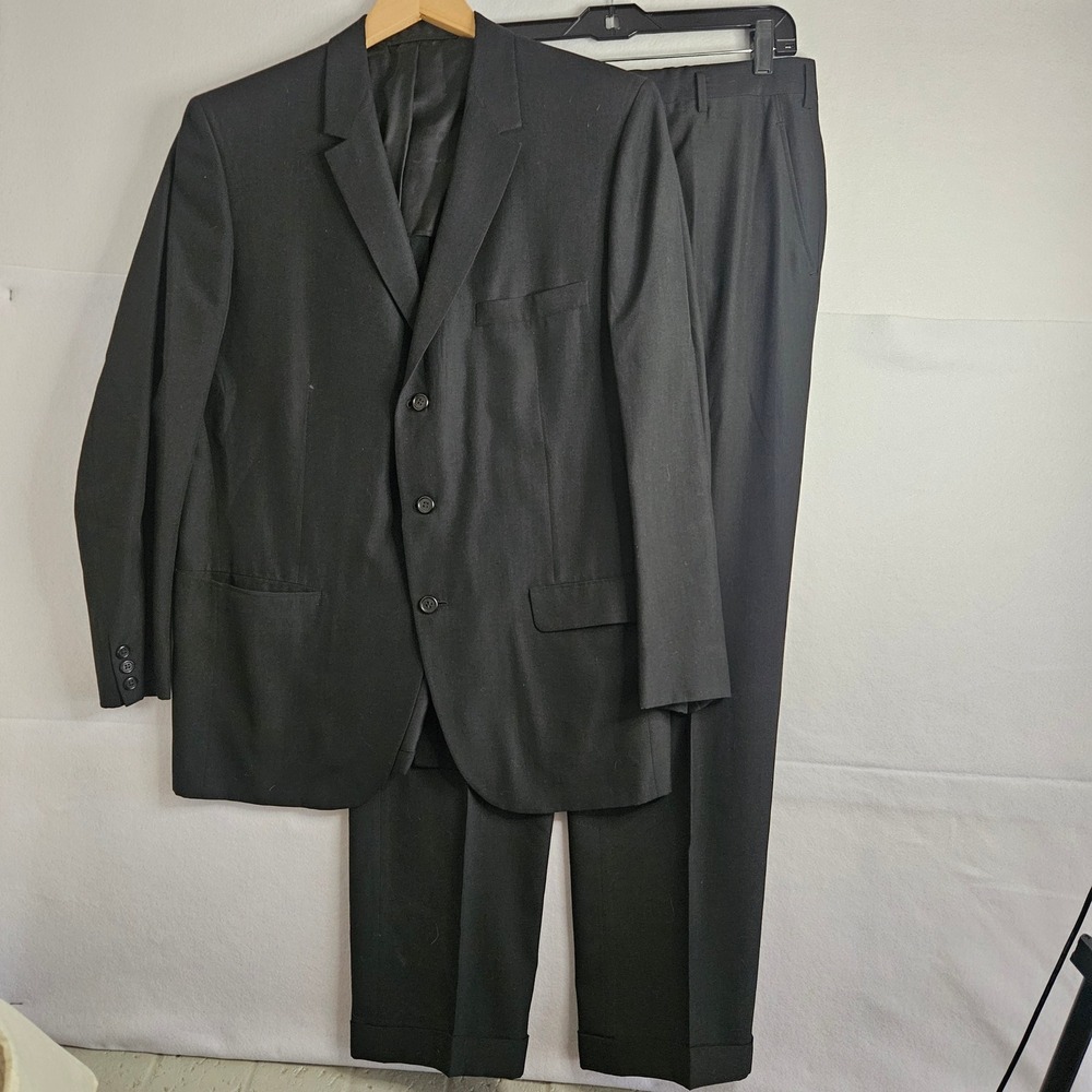 Vtg Hickey Freeman Corrigan Twill 3 Button Suit Black Wool Blazer Pants 43R 35W